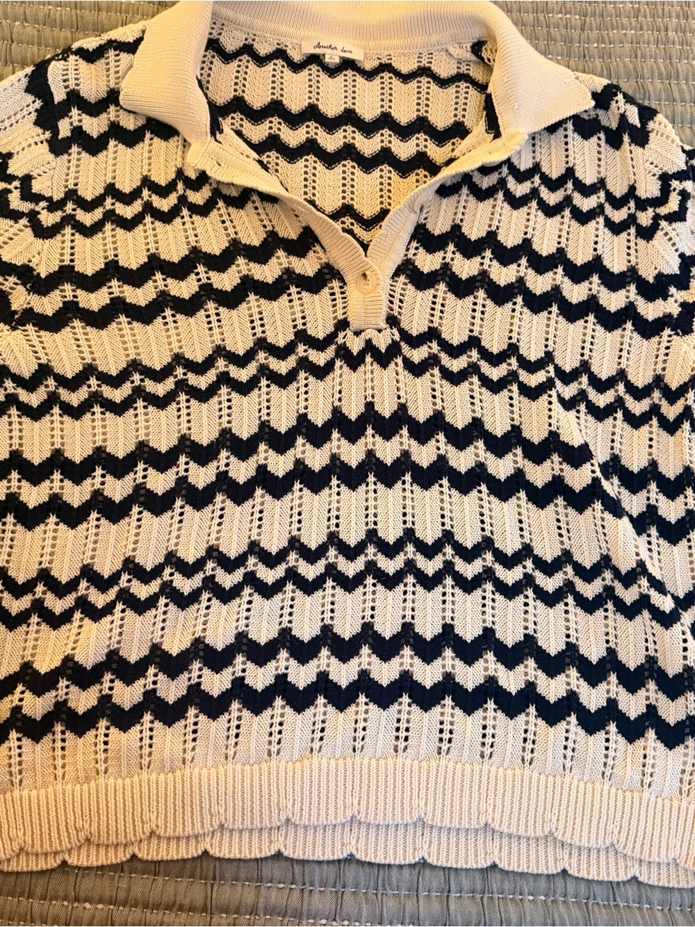 Vintage-Inspired Cream & Navy Knit Polo Sweater